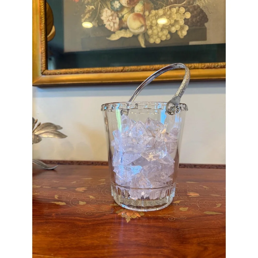 Vintage Glass Ice Bucket with Metal Handle Mid Century Barware‎